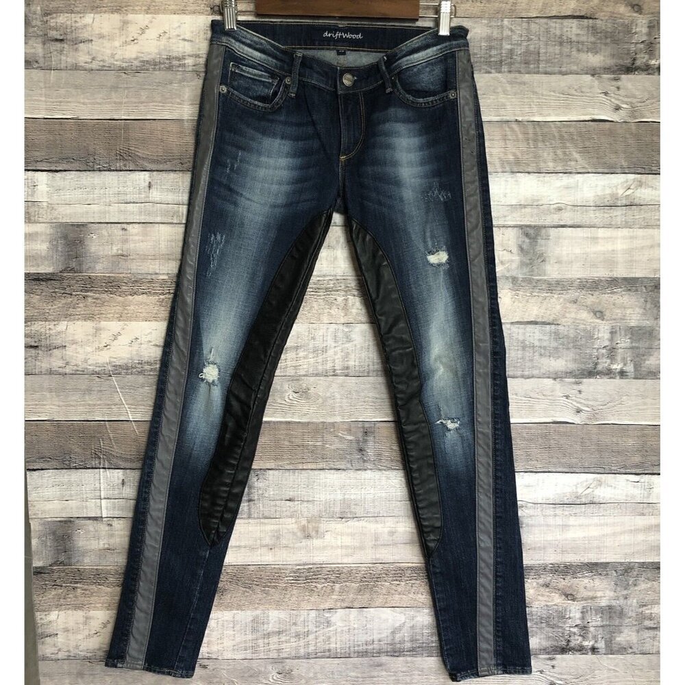 Driftwood Jeans Womens 26 Blue Gray/Black Faux Leather Trim Distressed Skinny